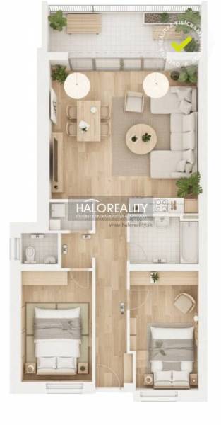 3-room apartment layout with wood-patterned flooring and a balcony.