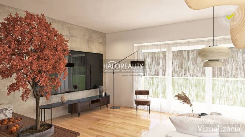 Living room with wood-patterned flooring and large windows in a 3-room apartment.