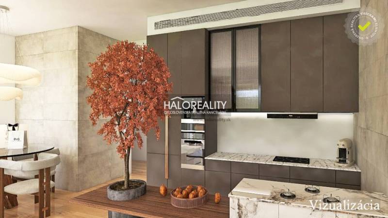A kitchen in a 3-room apartment with a wooden decor floor and a decorative tree.