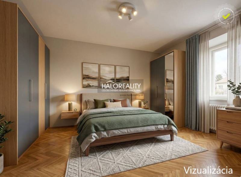 Bedroom with a bed, wardrobe, and wooden decor flooring in a family house.