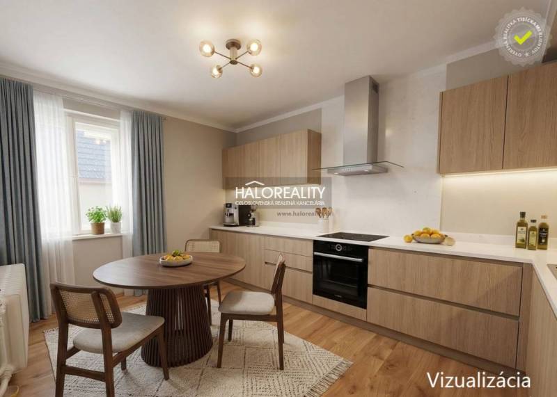 A kitchen in a family house with a wood-patterned floor and wooden furniture.