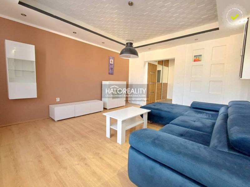 Living room in a 3-room apartment with a wooden decor floor and a blue sofa.