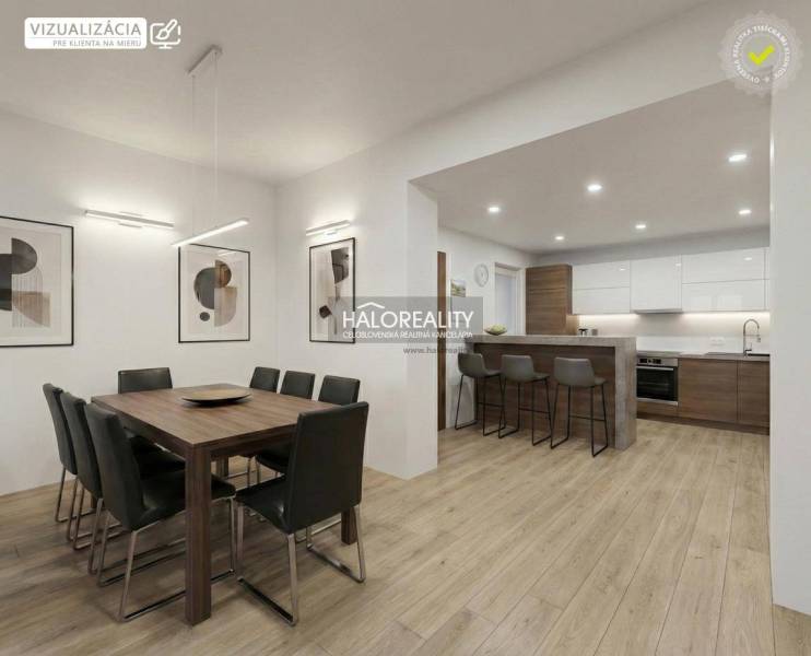 Dining room and kitchen in a family house with a wooden decor floor.