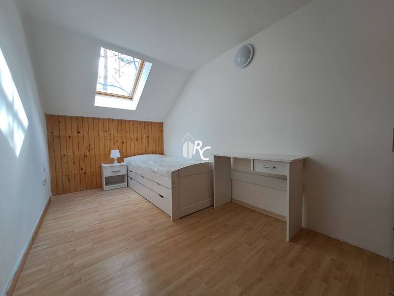 A bright room with a bed, a desk, a skylight, and a wooden floor.