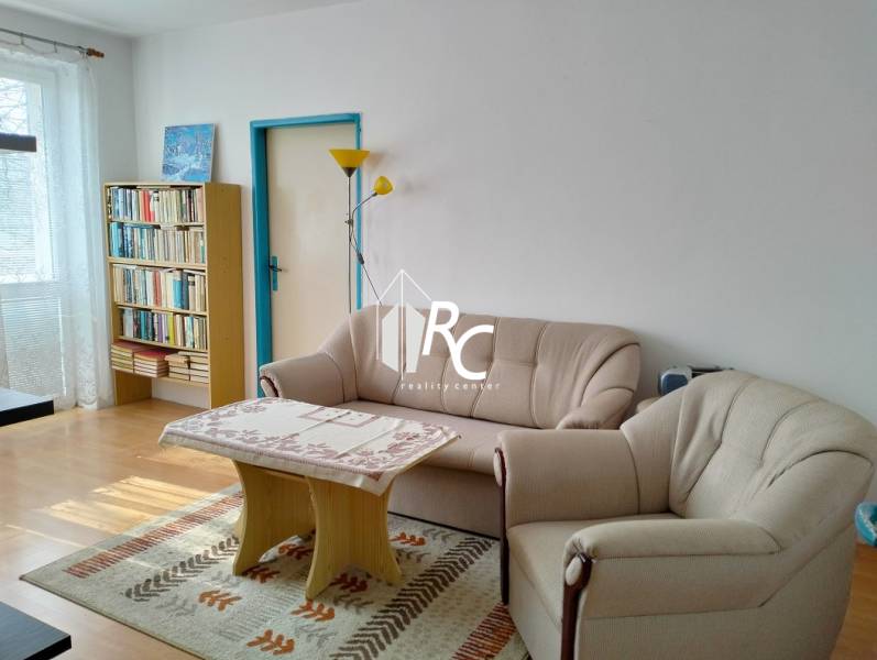 Living room in a two-room apartment with a sofa, an armchair, a bookshelf, and a window.