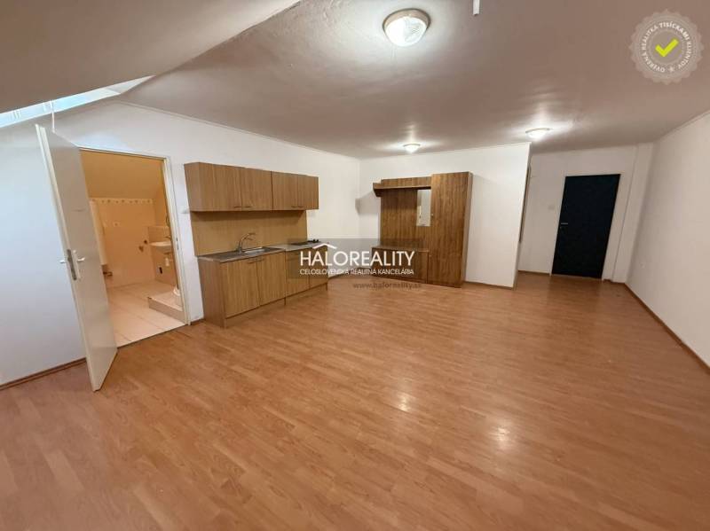 Studio apartment with a kitchenette and a wooden decor floor.
