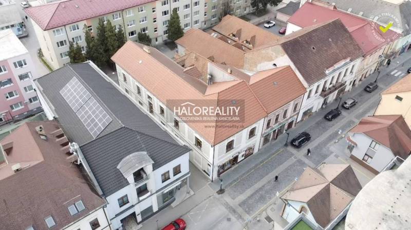 Aerial view of commercial spaces in the city center of Rimavská Sobota.