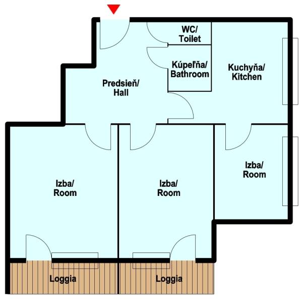 Layout of a 3-room apartment with a hallway, bathroom, toilet, kitchen, and loggias.