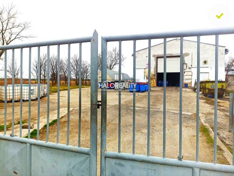The gate leads to a courtyard with a building and containers, surrounded by trees and offices.
