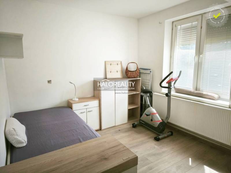 A bright room in a 2-room apartment with a wooden decor floor and an exercise bike.