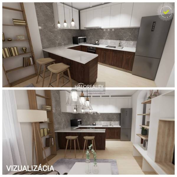 Visualization of a kitchen with a wooden counter and shelves in a two-room apartment.