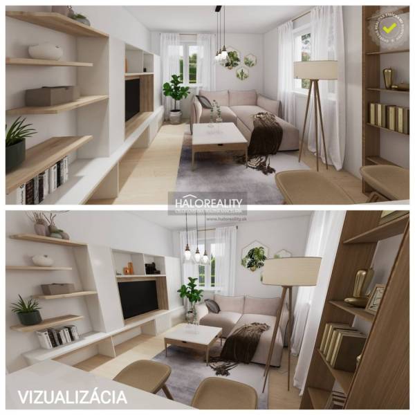 Living room in a two-room apartment, light wooden shelves, sofa, and plant.