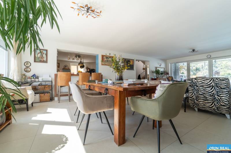 Living room in a family house with a large table, comfortable chairs, and a zebra-patterned armchair.