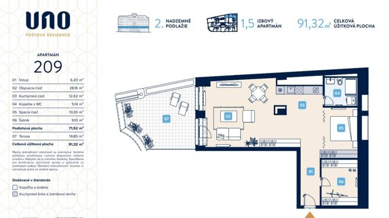 Floor plan of a 1.5-room apartment with a terrace of 19.80 m² and a total area of 91.32 m².