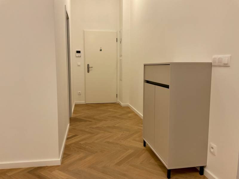 A hallway in a 2-room apartment with a wooden decor floor and a white cabinet.