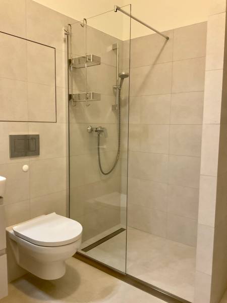 Bathroom in a 2-room apartment with a shower and a wall-hung toilet.