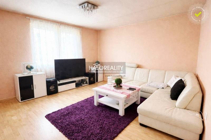 A living room in a family house with a sofa, a wooden decor floor, and a television.