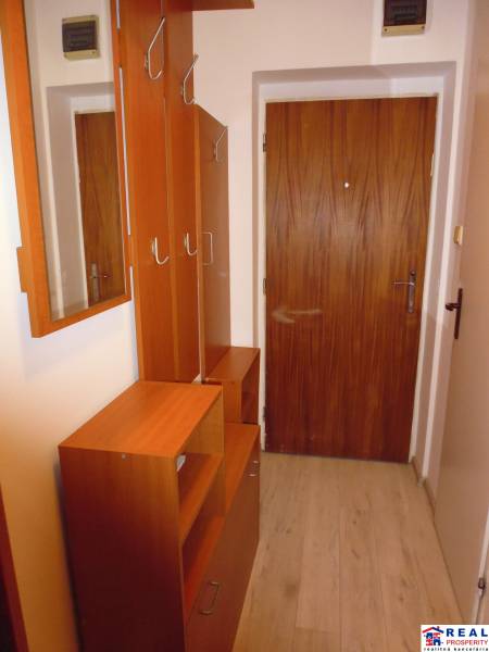 Entrance hallway to a 2-room apartment with wooden furniture and flooring with a wood decor.