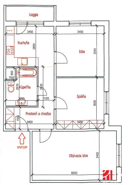 The floor plan of a 3-room apartment includes a living room, kitchen, bathroom, and loggia.