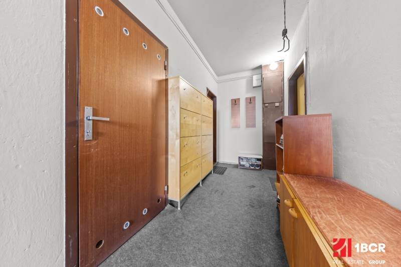 Entrance hall in a 3-room apartment with carpet and wooden furniture.