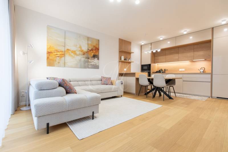 Living room with kitchen in a 2-room apartment, wooden decor flooring, cream sofa.