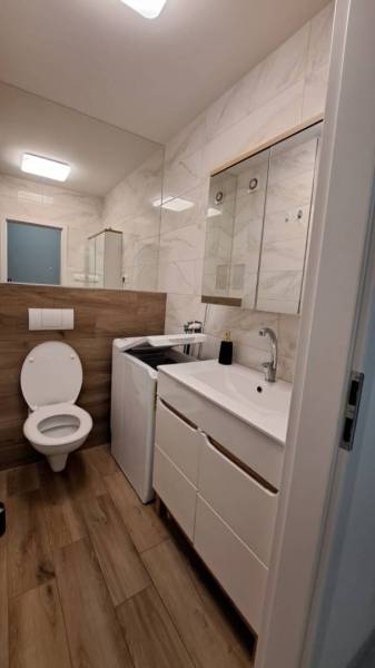 Bathroom in a family house with a toilet, sink, and washing machine, floor with wooden decor.