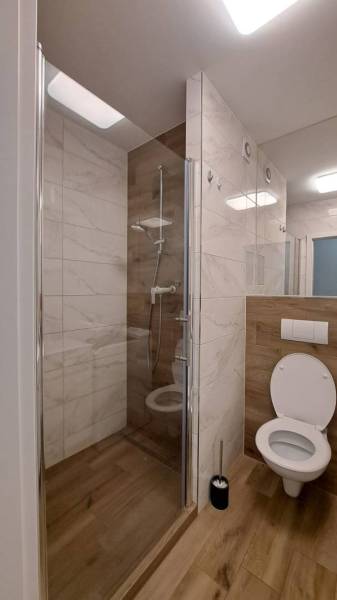 Bathroom with a shower and toilet, floor with wood decor.
