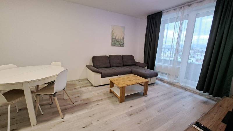 Living room with a sofa, coffee table, dining table, and wooden decor flooring.