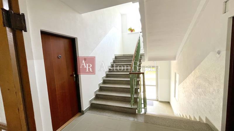 Staircase and entrance door in an apartment building, view of a bright corridor.