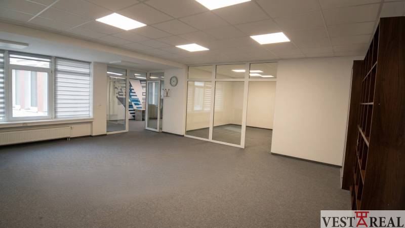 Spacious offices with glass partitions and a shelf, floor with wood decor.