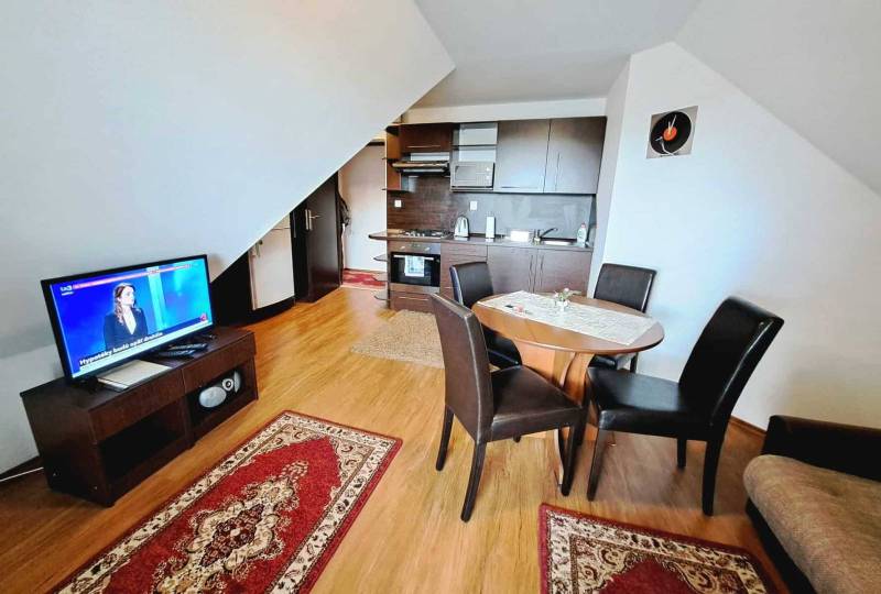Kitchen with dining table and TV, 3-room apartment with wood-patterned flooring.