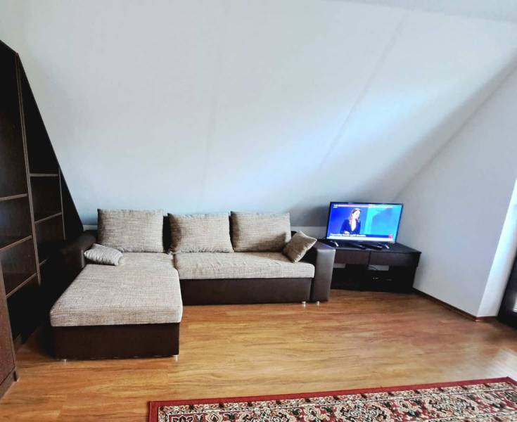 Living room with a sofa in a three-room apartment and a floor with a wooden decor.