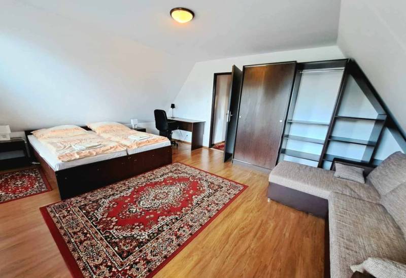 Bedroom with a double bed, sofa, table, and floor with wood decor.