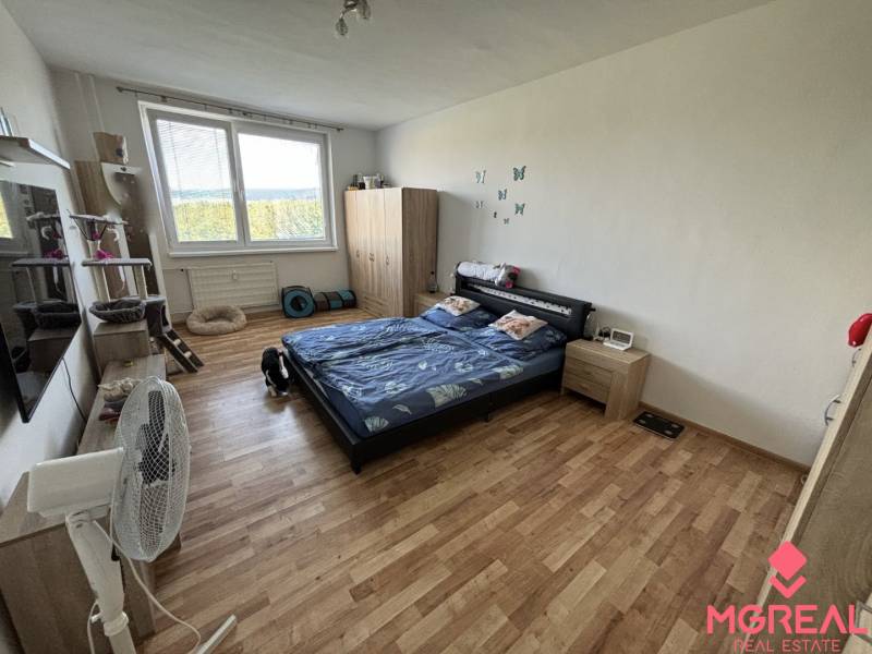 Bedroom in a 3-room apartment with wood-patterned flooring and a large window.