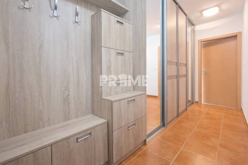 Entrance hall with wooden decor in a 2-room apartment, wardrobes with mirrors, hooks.