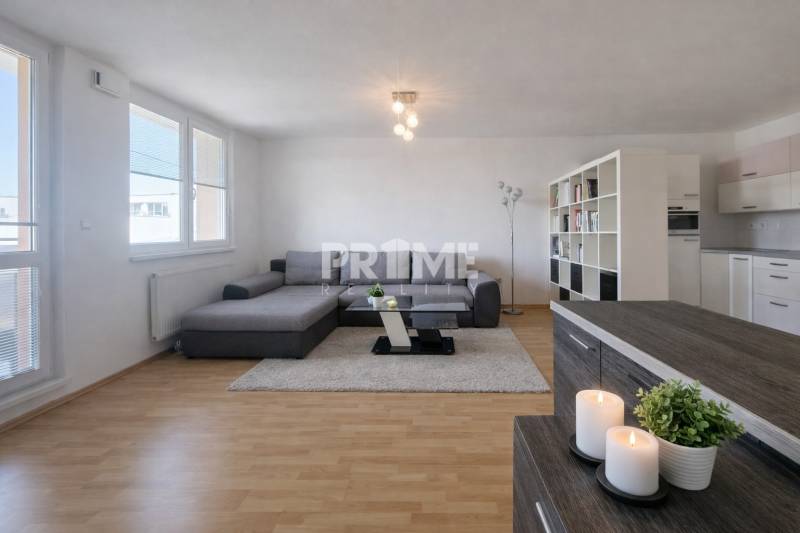 Living room in a two-room apartment with a wooden decor floor and a gray sofa.
