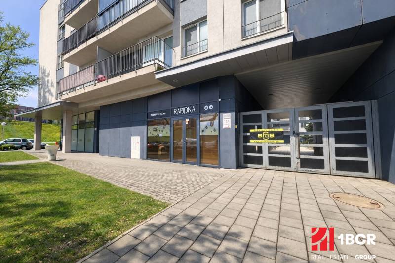 Commercial premises on Hrachova Street in Bratislava - Ružinov, a modern building with green surroundings.