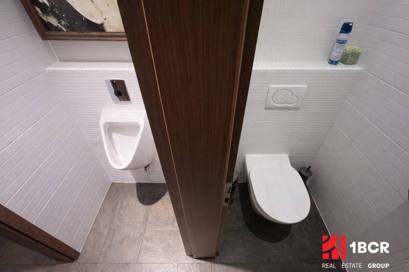 Toilet and urinal in commercial premises with wood-patterned flooring.