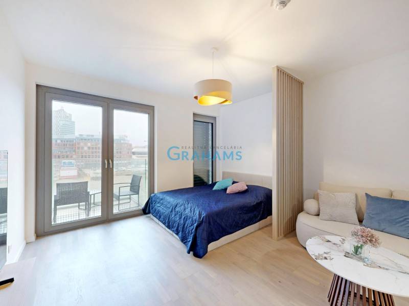 A bright interior of a studio apartment with a bed, sofa, and balcony.