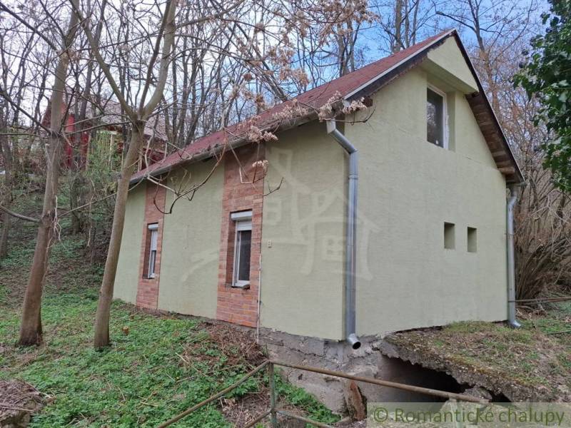 A cottage in Chľaba surrounded by trees and nature on a sloping plot.