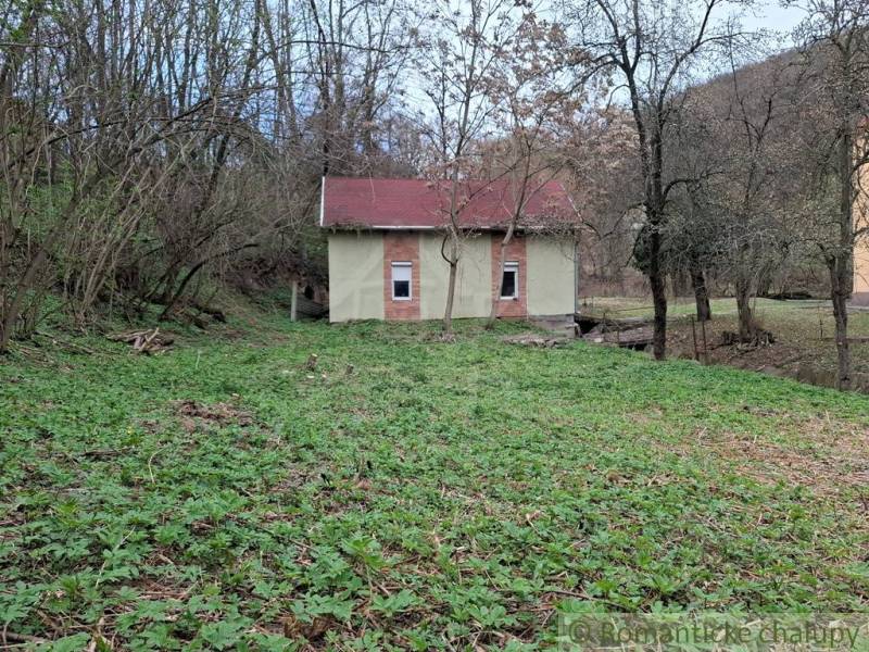A cottage in Chľaba surrounded by greenery and forest, with a small bridge leading across the meadow.
