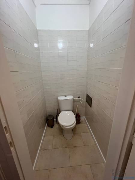 A toilet with ceramic tiles and cleaning supplies in a 2-room apartment.