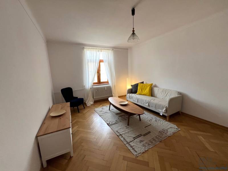 Living room of a two-room apartment with a wooden decor floor, a light sofa, and decorative pillows.