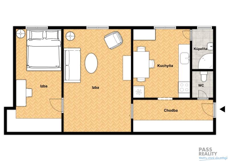 Floor plan of a 2-room apartment with wood-patterned flooring and a separate toilet.