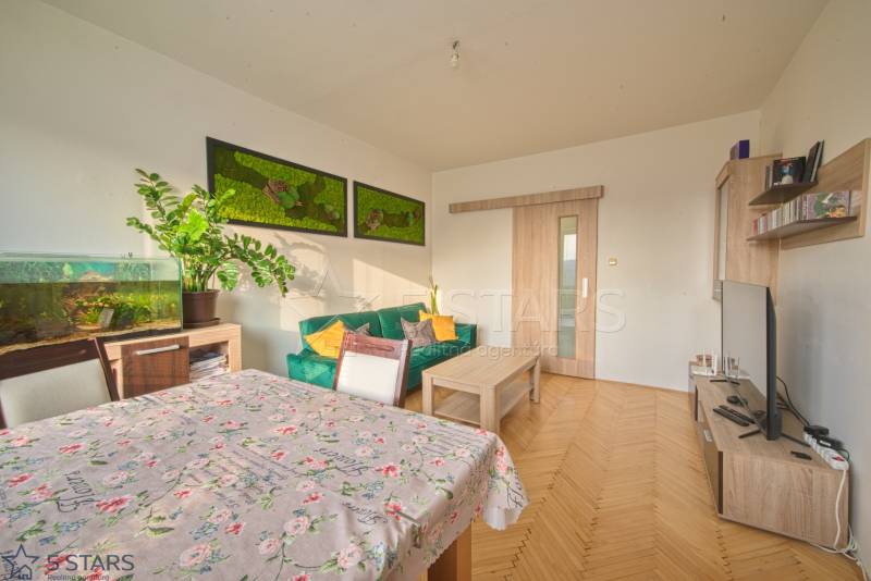 Living room in a 3-room apartment with a wooden decor floor, complemented by houseplants.