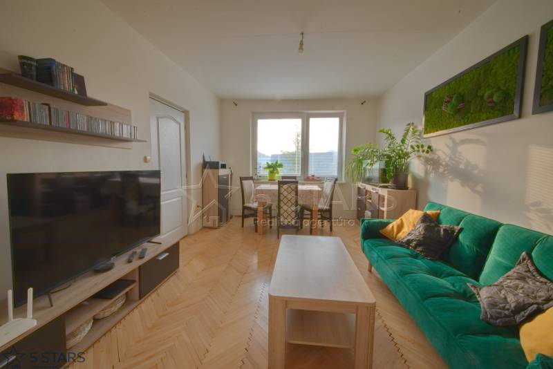 Living room of a 3-room apartment with a sofa, television, and plants, floor with wooden decor.