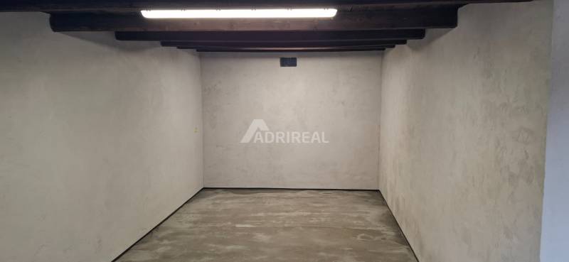 An empty garage with a concrete floor and a wooden ceiling, bright plastered walls.