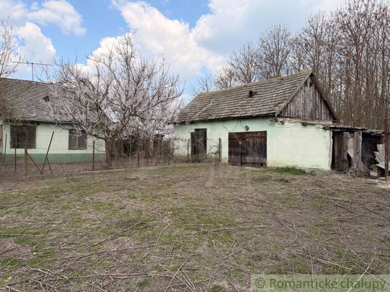 A family house in Čalovec with a large yard, a shed, and a cherry tree in the foreground.