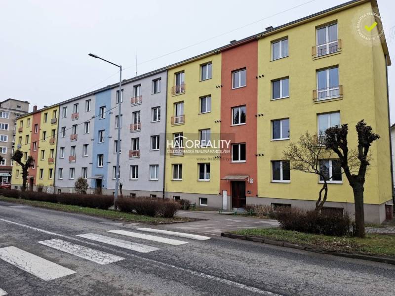 Colorful apartment buildings and a pedestrian crossing in Spišská Nová Ves.