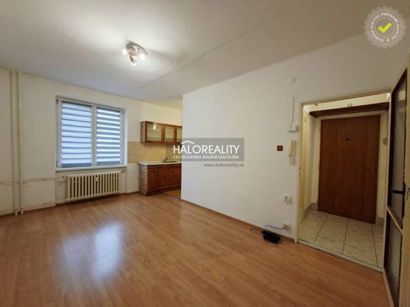 A studio apartment with a wooden floor, a kitchenette, and an entrance door.